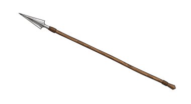 Keskin metal bir kafası ve dekoratif bağları olan uzun tahta mızrak gerçekçi dokular ve gölgelerle gösterilir..