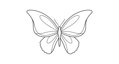 Renklendirme veya tasarım elementleri için mükemmel karmaşık kanat desenleri olan bir kelebeğin ayrıntılı siyah beyaz çizgili sanat çizgisi çizimi.