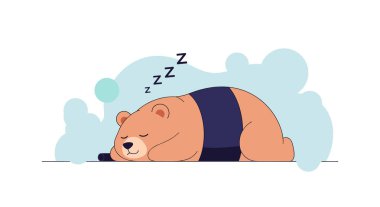 Koyu mavi gömlek giyen sevimli kahverengi ayı, dinlenmek için yumuşak mavi bir arka planda kafasının üzerinde süzülen zzz sembolleriyle mışıl mışıl uyuyor..