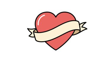 Klasik kırmızı kalp dövmesi tasviri. Romantik kullanım için sağlam beyaz bir arkaplan ve krem rengi kurdele pankartıyla kaplanmış..