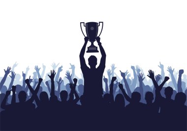 Büyük bir kalabalığın siluetleri heyecanla tezahürat ederken merkezde bir kişi zafer kupasını kaldırıyor..