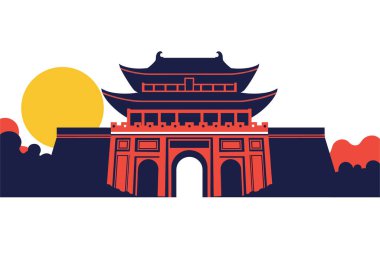 Birçok çatısı ve turuncu duvarları olan geleneksel bir Çin kapı binası büyük sarı bir güneşe karşı gösteriliyor..