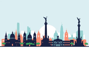 Mexico City ufuk çizgisi resimlerinde Bağımsızlık Meleği gibi ikonik simgeler ve parlak bir güneşe karşı tarihi anıtlar sergileniyor..