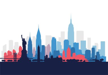 Renkli New York şehrinin ufuk çizgisi çizimi Özgürlük Heykeli ve Empire State Binası seyahat için parlak bir gökyüzünün altında.