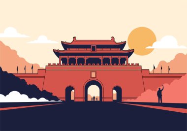 Yasak Pekin şehrinin ikonik Tiananmen kapısının mimari tasviri. Büyük sıcak güneşin altında bulutlar ve turistlerle birlikte..