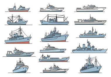 19 detaylı gemi çizelgesi kargo gemileri, balıkçı tekneleri, yatlar ve deniz kruvazörleri gibi çeşitli gemileri gösteriyor..