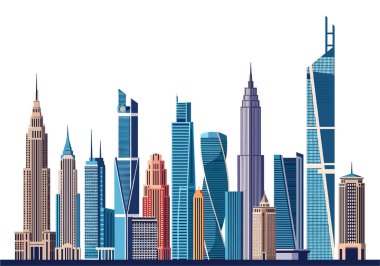 Renkli şehir silueti Chrysler Binası ve Empire State Binası gibi ikonik gökdelenleri beyaz arka planda barındırır..