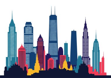 Renkli katmanlı bir tasarım içinde ünlü Amerikan gökdelenleri ve metropoliten binaların yer aldığı canlı bir siluet..