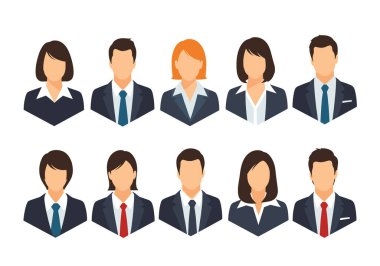 Profesyonel iş ekibi avatarlarında kurumsal profil temsili için resmi takım elbiseli çeşitli erkek ve kadınlar yer alıyor..