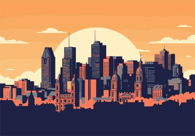 Montreal şehri gün batımında gökyüzü simgesel binalar ve katedral siluetleriyle devasa bir altın güneş arka planına karşı..
