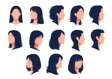 Kuaför ya da berber kullanımı için beyaz bir arkaplan ile çeşitli erkek ve kadın saç şekillerini ve siluetlerini gösteren insan kafalarının profilleri.