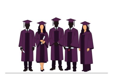 Akademik şapkalar ve önlükler giyen beş farklı lisansüstü öğrencisinin siluetleri beyaz bir arkaplanda grup pozu veriyorlar..