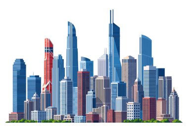 Kentsel kalkınma ve iş dünyası için çeşitli şekillerde ve yüksekliklerde sayısız gökdelenleri olan yoğun bir modern şehir silueti tasviri.