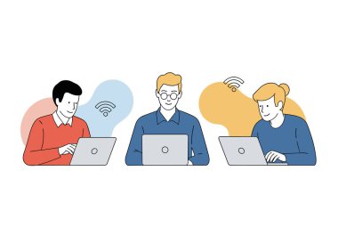 Üç farklı insanın dizüstü bilgisayarları üzerinde çalışıp uzaktan çalışmayı ve bağlantıyı temsil eden kablosuz ağ sinyalleri aldıklarının bir tasviri.