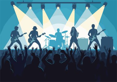 Sahne ışıkları altında, elleri heyecan ve neşe içinde tezahürat yapan kalabalığın önünde bir müzik grubunun silueti..