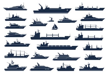 Yük gemileri, lüks yatlar ve beyaz yelkenliler de dahil olmak üzere 21 adet koyu mavi gemi silueti..