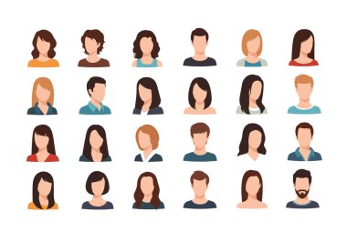 Farklı etnik geçmişleri ve farklı saç stilleri olan erkek ve kadınların 24 düz avatar çiziminden kurtulun..