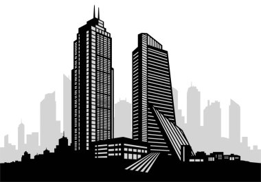 Arka planda sisli bir şehrin silueti üzerinde duran iki önemli modern gökdelenin siyah ve beyaz mimari çizimi.