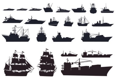 Geniş siyah gemi siluetleri yelkenliler, modern yatlar, kargo botları ve beyaz arka planda askeri savaş gemileri de dahil..