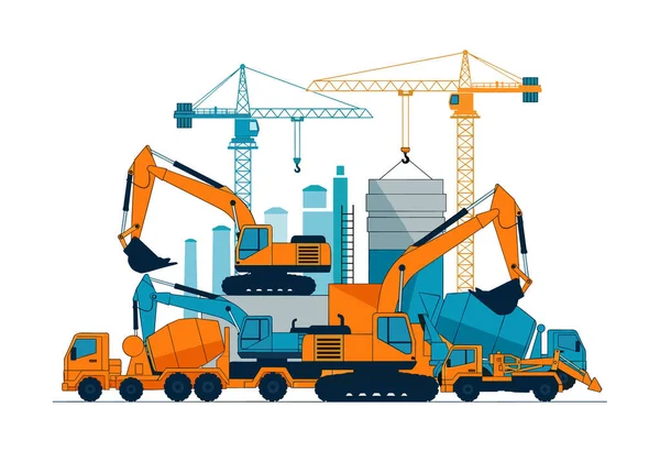 Sanayi sahnesi illüstrasyonunda kazı araçları, vinçler ve inşaat kamyonları gibi ağır inşaat ekipmanları yer alıyor..