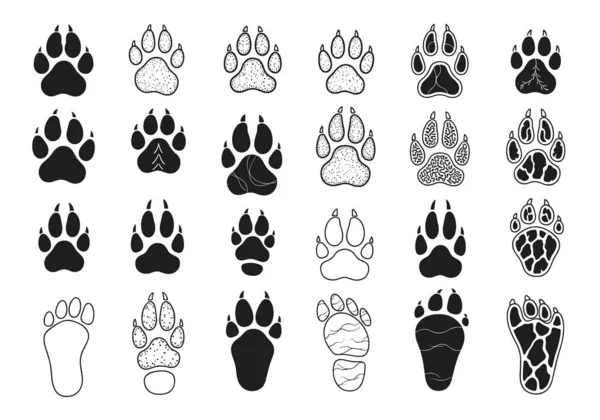 Katı siluetler, ana hatlar ve desenli leopar lekeleri de dahil olmak üzere çeşitli biçimlerde hayvan pençesi izleri çizimleri geniş bir ızgara.