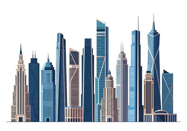 Yoğun modern gökdelenler ve şehir merkezinde patlayan bir metropolü temsil eden mavi ve gri tonlarda yüksek binalar..