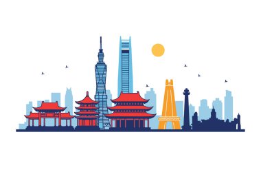 Geleneksel pagodalar, modern gökdelenler ve ünlü ulusal renk simgelerinin yer aldığı güzel bir Asya şehri gökyüzü çizimi.