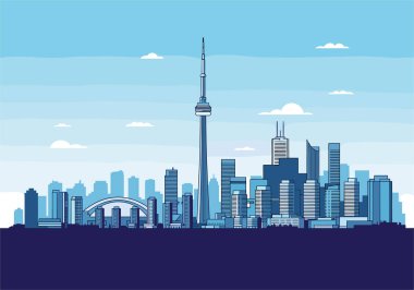 Şaşırtıcı Toronto şehri gökyüzü altında ikonik CN Kulesi ve Rogers Center stadyumunun yer aldığı mavi tonlarda gökyüzü illüstrasyonu.