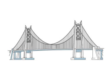 Mühendislik ve altyapı tasarımını temsil eden yüksek kuleleri ve kabloları olan görkemli bir asma köprünün teknik çizgisi..