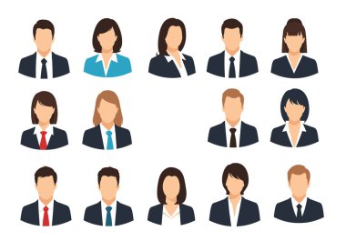 Kurumsal profil kullanımı için çeşitli saç stilleri ve etnik yapılara sahip resmi ofis kıyafetleri giyen erkek ve kadınlar için profesyonel iş avatarları.