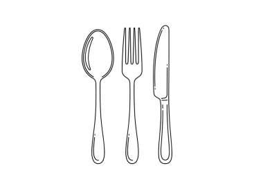 Bir kaşık, çatal ve bıçağın basit ve temiz çizimi yemek ve yemek için standart çatal bıçak setini dikey olarak temsil ediyor..