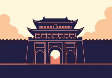 Başarılı bir adam bir tepede duruyor. Mavi şehir silueti tarzında siluet arkaplanına karşı zafer kutluyor..