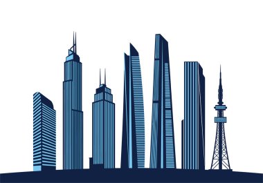 Modern gökdelen siluetlerinin toplanması çağdaş bir şehir manzarasını temsil eden beyaz bir arkaplan karşısında mavi tonda.