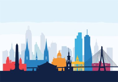 Tarihi kiliseler, anıtlar ve modern köprü yapılarının karışımından oluşan renkli Avrupa şehir silüeti.