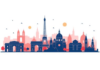 Sanatsal şehir silueti Eiffel Kulesi ve diğer simgelerin canlı mavi ve kırmızı renk şemasını içerir..
