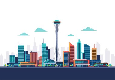 Seattle şehrinin siluet çizimi. Uzay iğnesi ve temiz bir arkaplan üzerinde çeşitli renkli modern binalar..