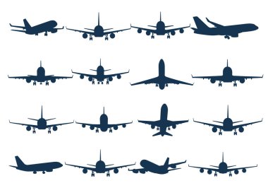 Geniş bir uçak silueti beyaz arka planda ön, yan ve dörtte üçü gibi çeşitli açılardan görünüyor..