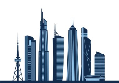 Modern şehir gökdelenleri ve ticari binalar mavi ve deniz tonlarında çeşitli gökdelenleri gösteriyor..