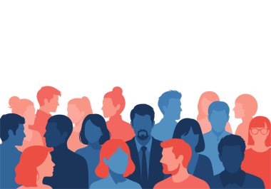 Çeşitli insan siluetleri kırmızı mavi ve somon renklerinde bir palet kullanarak katmanlı bir kompozisyonda bir arada duruyorlar..