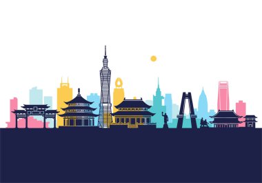 Tayvan şehrinin ufuk çizgisi, geleneksel tapınakların ve modern binaların yanında renkli bir vektör sanatının parlak güneşi altında Tayvan 101 'i gösteriyor..