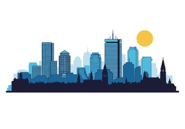 Şık şehir silueti, çeşitli yüksek ofis binaları ve tarihi mimari siluetleri ile mavi gökyüzünde büyük sarı bir güneşin altında..