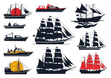 Tarihi yelkenliler, balıkçı tekneleri ve motorlu tekneler de dahil olmak üzere çeşitli tekne ve gemi siluetlerinin kapsamlı bir koleksiyonu..