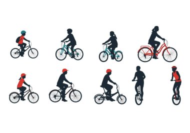 Çeşitli insan ve çocukların siluetleri farklı türde bisiklet ve tek tekerlekli bisiklete biniyor. Egzersiz ve eğlence için..