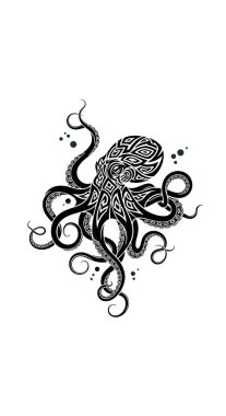 Çarpıcı siyah-beyaz kabile ahtapot tasarımı düz bir arkaplan üzerinde karmaşık geometrik desenler ve dönen dokunaçlar içerir..