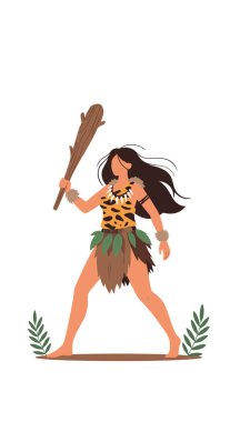 Tarih öncesi çağdan kalma ilkel bir kadın elinde büyük bir tahta sopayla ve leopar derisi giyerek güvenli bir şekilde vahşi doğada yürüyor..