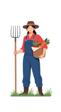 Mavi tulumlu kararlı bir kadın çiftçi ve kırmızı gömlekli bir yaba ve hasadından bir sepet taze sebzeyle duruyor..