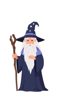 Uzun beyaz sakallı ve yıldızlı mavi cüppeli bilge yaşlı büyücü, temiz beyaz bir arka plana karşı kırsal ahşap bir değnekle ayakta duruyor..