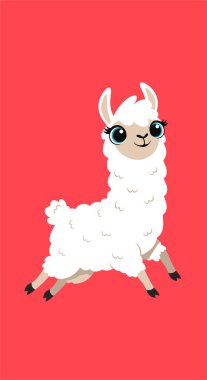 Büyük mavi gözleri ve kalın tüylü yünü olan mutlu beyaz lama kırmızı bir zemine doğru heyecanlı bir şekilde zıplıyor..