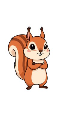 Kolları çapraz duran sevimli çizgi film sincabı ve kendine güvenen bir gülümseme, büyük anlamlı gözleri ve gür kuyruğu var..