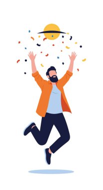 Coşkulu sakallı adam sevinçten havalara uçuyor. Etrafına renkli bir konfeti düşüyor. Parlak ve neşeli sarı güneşin altında..